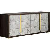 Travertine Dresser & Mirror Set in Grey & Brown Marble Look & Dark Wood